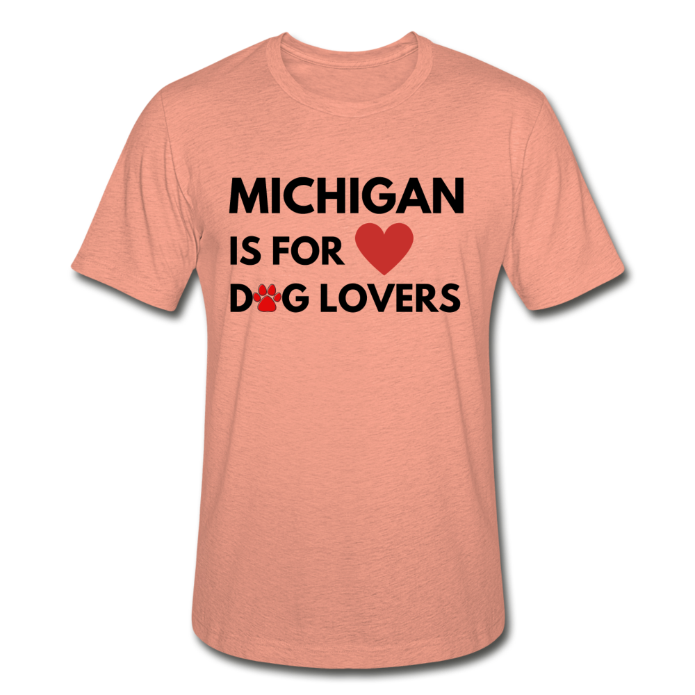 "Michigan is for Dog Lovers" Unisex Heather Prism T-Shirt - heather prism sunset