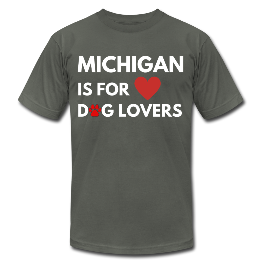 "Michigan Is For Dog Lovers" Unisex Jersey T-Shirt by Bella + Canvas - asphalt