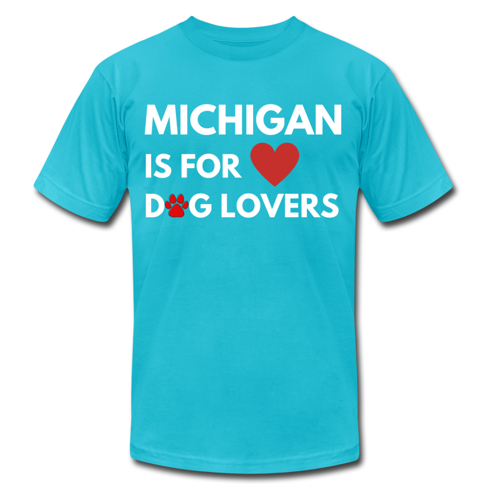 "Michigan Is For Dog Lovers" Unisex Jersey T-Shirt by Bella + Canvas - turquoise