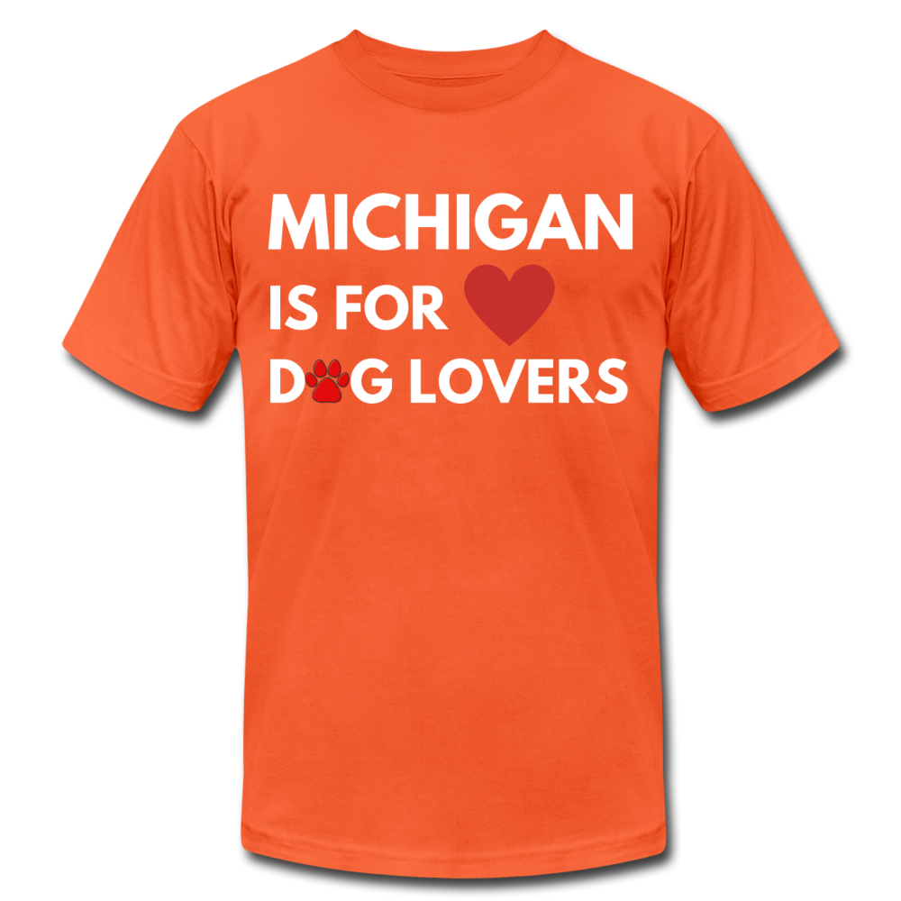 "Michigan Is For Dog Lovers" Unisex Jersey T-Shirt by Bella + Canvas - orange