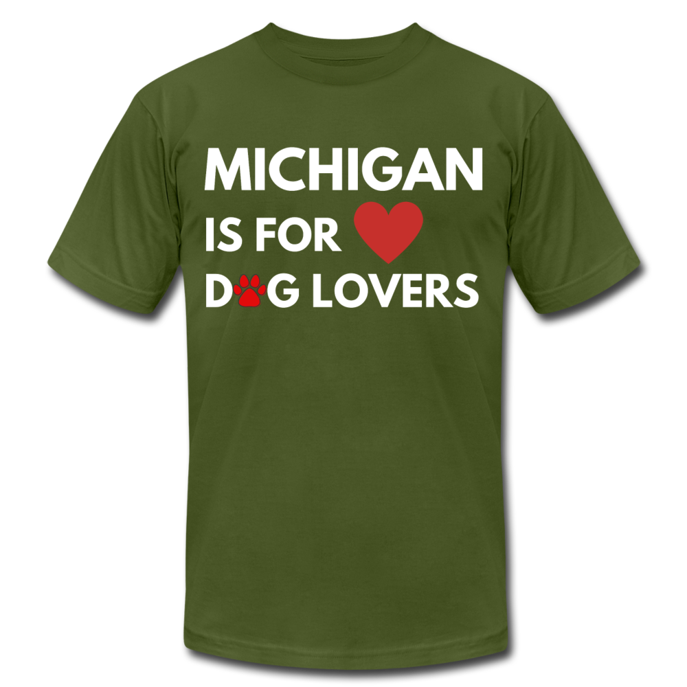 "Michigan Is For Dog Lovers" Unisex Jersey T-Shirt by Bella + Canvas - olive