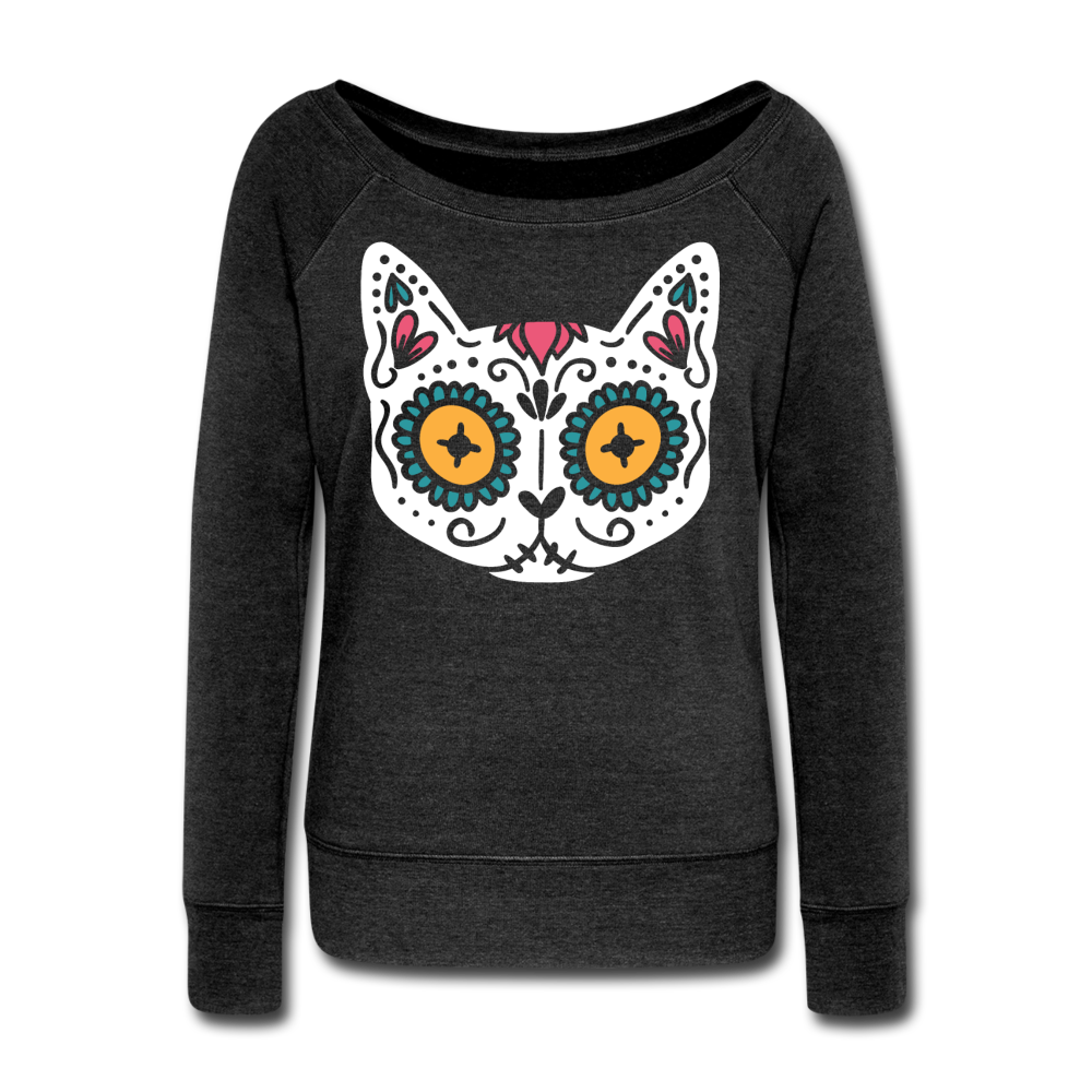"Kitty de Muertos"  Women's Wideneck Sweatshirt - heather black