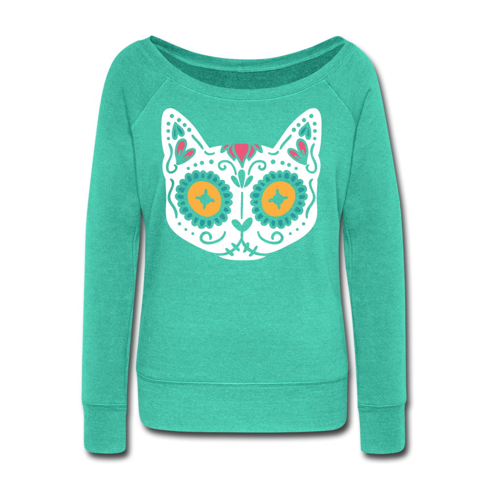"Kitty de Muertos"  Women's Wideneck Sweatshirt - teal