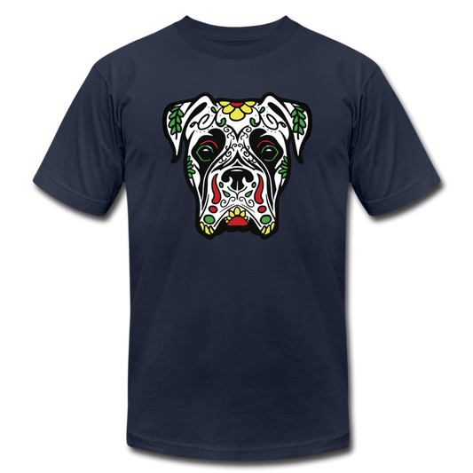 "Dogue de Muertos" Unisex Jersey T-Shirt by Bella + Canvas - navy