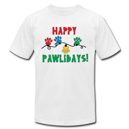 "Happy Pawlidays!" Unisex Jersey T-Shirt by Bella + Canvas - white