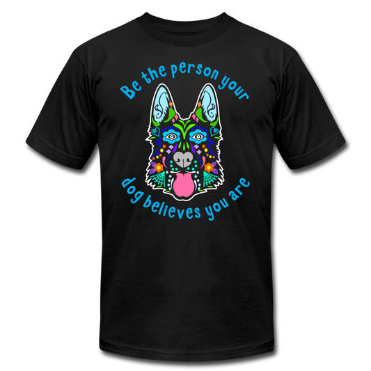 "German Shepherd Sugar Skull" Unisex Jersey T-Shirt by Bella + Canvas - black