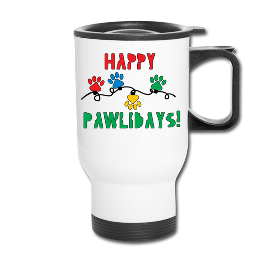 "Happy Pawlidays!" Travel Mug - white