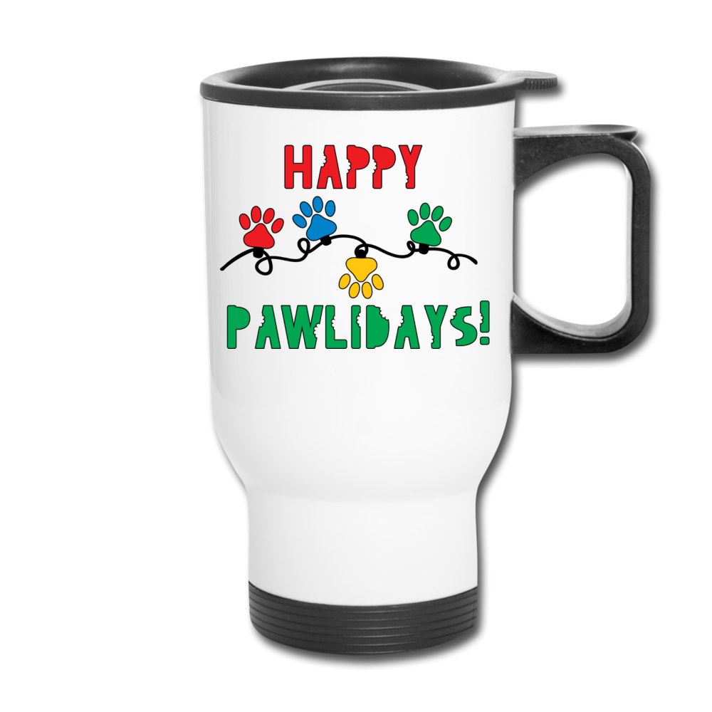 "Happy Pawlidays!" Travel Mug - white