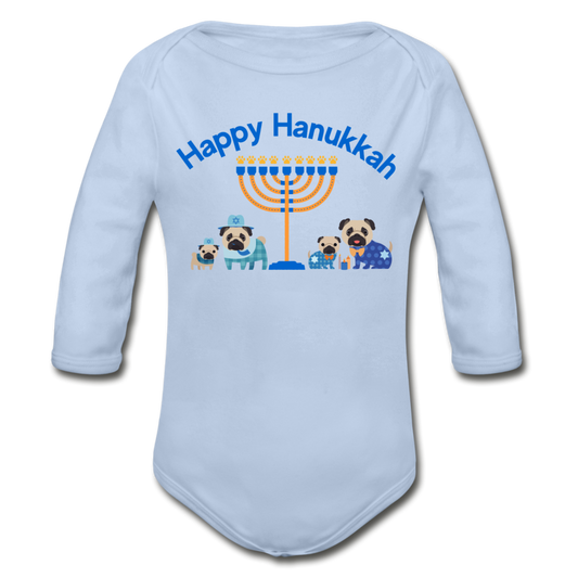 "Happy Hanukkah" Organic Long Sleeve Baby Bodysuit - sky